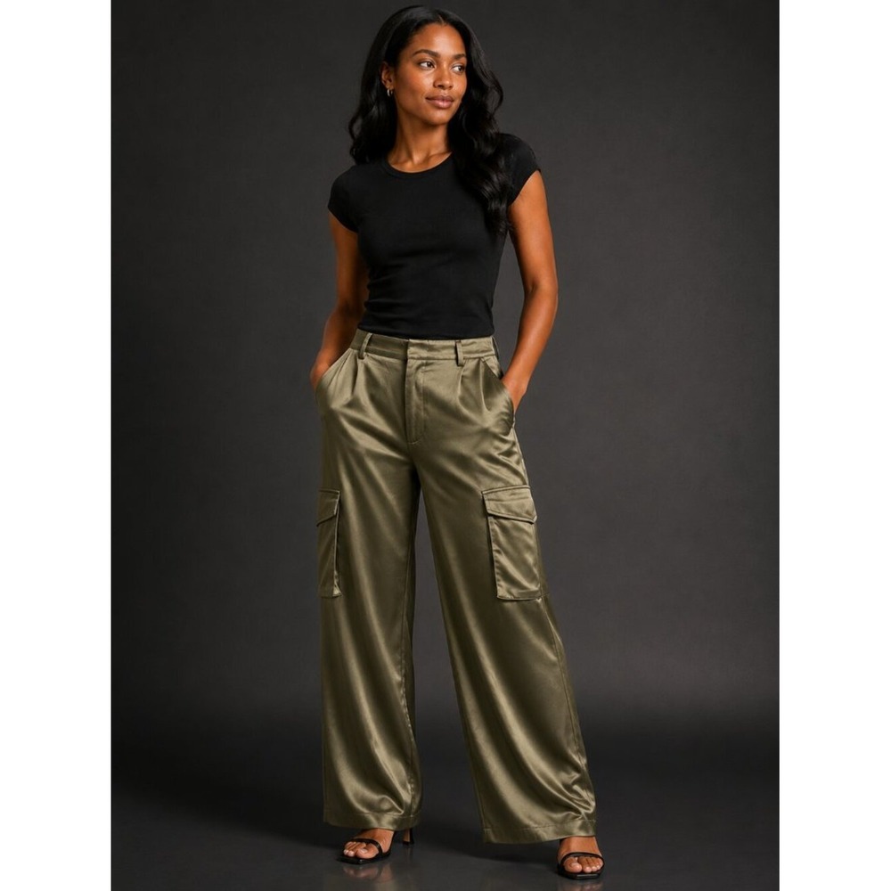 Good American Satin Cargo Pants Olive Green Wide Leg Utility Trousers Size 26